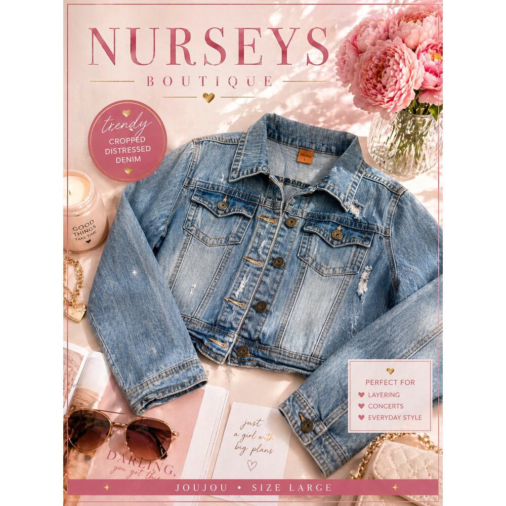 JouJou Distressed Cropped Denim Jacket Size Large Stretch Blue Jean